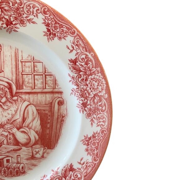 4pc Royal Stafford Christmas SANTA'S WORKSHOP Porcelain Dinner Plates 11" Red - Picture 6 of 15